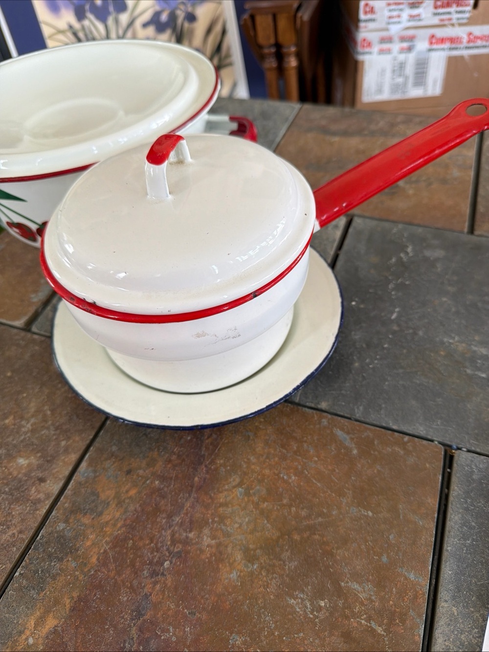 Vintage Cherry Enamel Casserole Dish with Lid - plus double boiler, plate & cup - Picture 6 of 12
